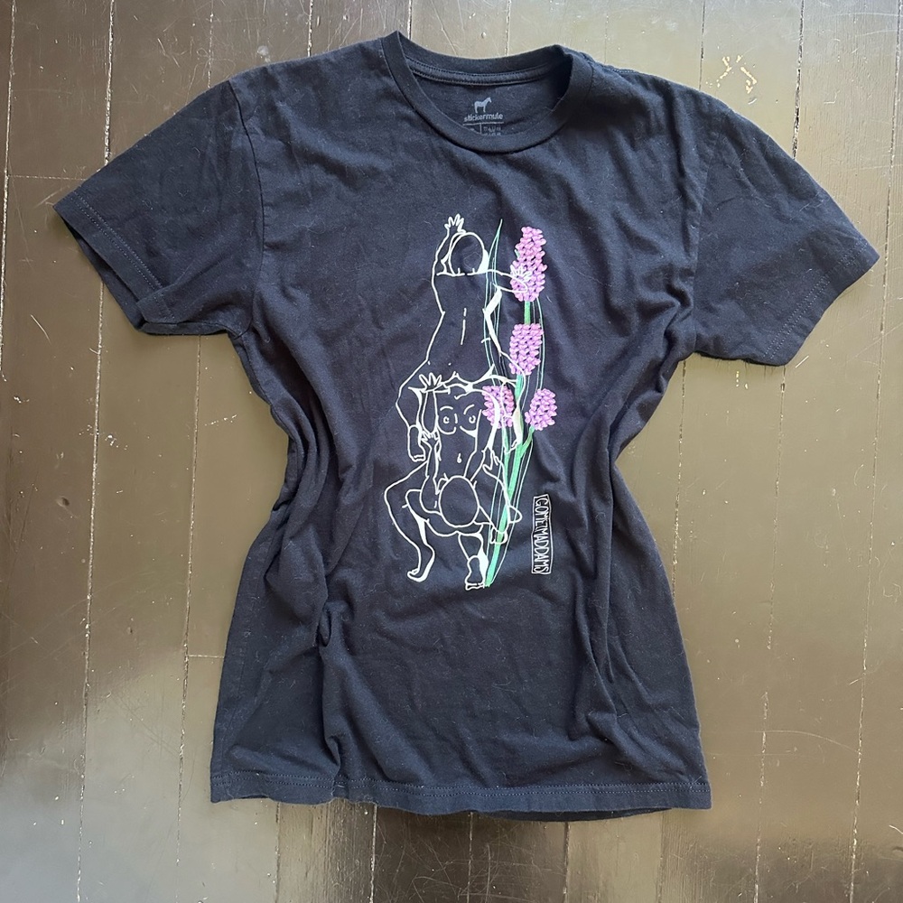Black OOAK Graphic T-Shirt with Sapphic Floral Design